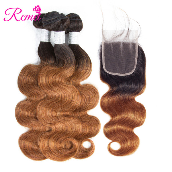 Rcmei Brazilian Body Wave Hair Bundles With Free/Middle/Three Part Lace Closure 1B/30 Ombre Hair 4Pcs/Lot Human Hair Bundles