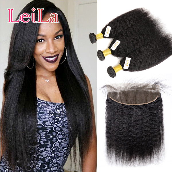 Lace Frontal Closure With Bundles Brazilian Virgin Hair kinky Straight 13x4 Full Frontal Lace Closure With 3 Bundles Human Hair