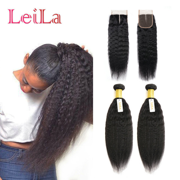 Malaysian Kinky Straight Virgin Hair 2 Bundles With 4X4 Lace Closure 3 Pieces/lot Unprocessed Human Hair Natural Black Color Coarse Yaki