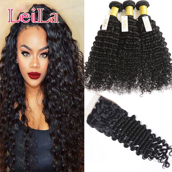 Mongolian Virgin Hair Extensions With Baby Hair 4x4 Lace Closure Leila Natural Black Deep Wave Bundles With Lace Closure Middle Free Three