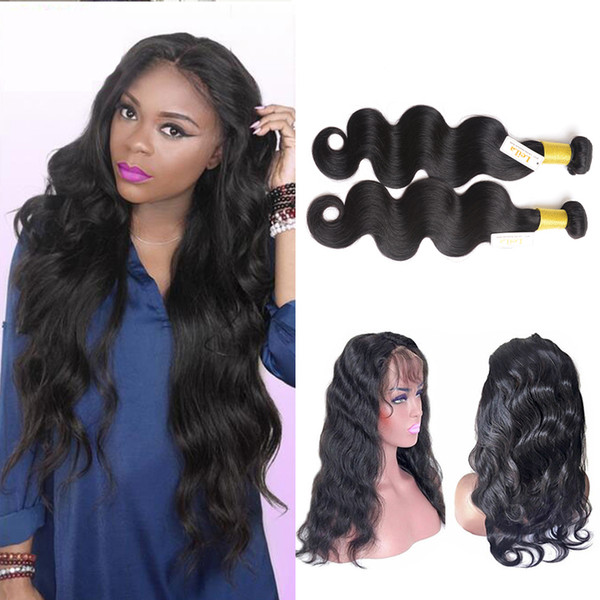 Pre Plucked Indian Human Hair Body Wave Bundles With 360 Lace Frontal With Baby Hair 3 Pieces Body weaves Natural Color