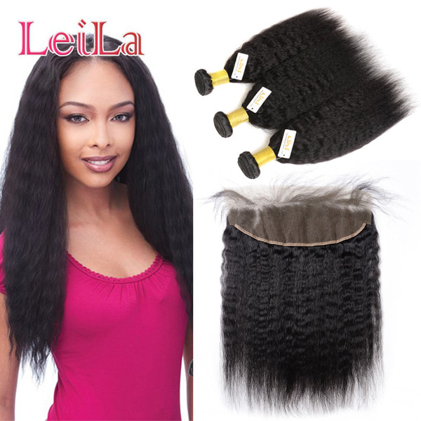 Malaysian kinky Straight 13x4 Lace Frontal Closure With Bundles Virgin Hair Pre Plucked 4Pieces/lot Human Hair Kinky Yaki Natural Color