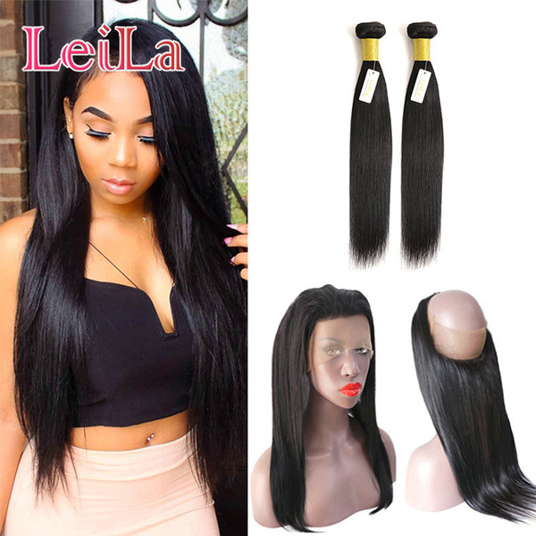 Malaysian Human Hair 360 Lace Frontal with 2 Bundles Straight Silk Hair Wefts With Closure 3 Pcs/set