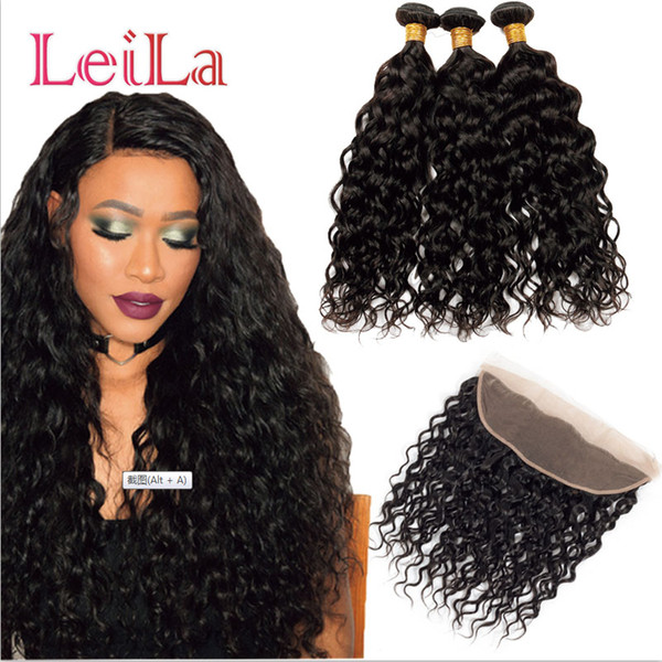 Leila 2 Bundles With 13 X 4 Lace Frontal Brazilian water Wave Hair Weaves Extensions Bundles With Frontal Human Hair 3 Pieces/lot