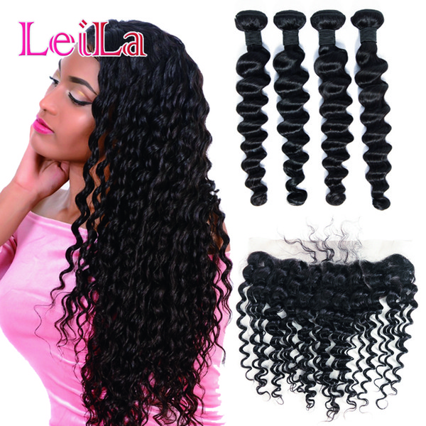 New Style Human Hair 4 Bundles Peruvian Loose Deep Wave Bundles With Ear To Ear Lace Frontal 13*4 Closure And Bundles Non Remy