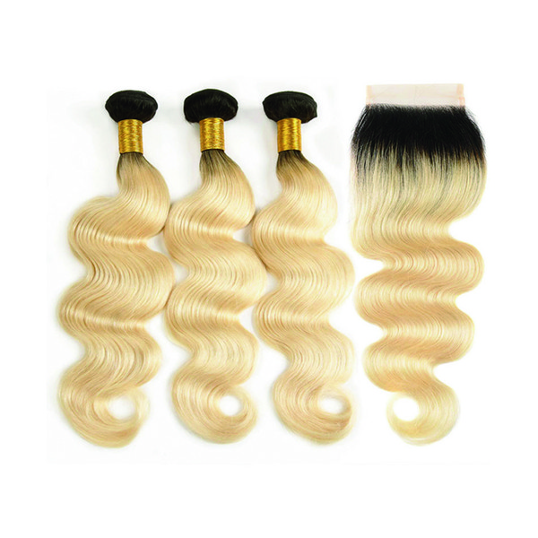 Leila Hair 1b/613 Blonde Bundle With Closure Free/ Middles /Three Part Brazilian Body Wave Human Hair Bundles 10-24inch Remy Hair Extensions