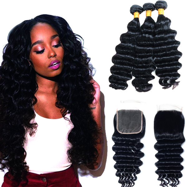 Indian Loose deep Huam Hair Bundles With Closure 8AMalaysian Hair Deep wave Jerry Curly Water Kinky Curly Hair 3 Bundles With Closure 4*4