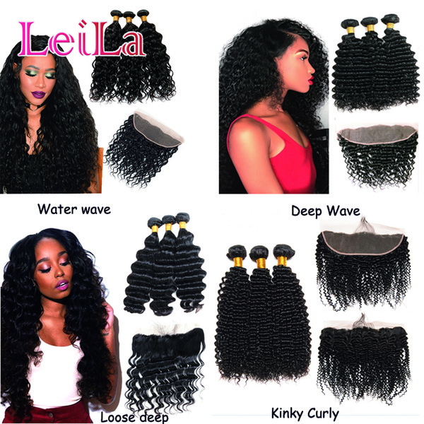 Brazilian Deep Wave Curly Human Hair Bundles With frontal Water Loose Deep Kinky Curly 3 Bundles With 13 x4 Lace frontal Natural Color