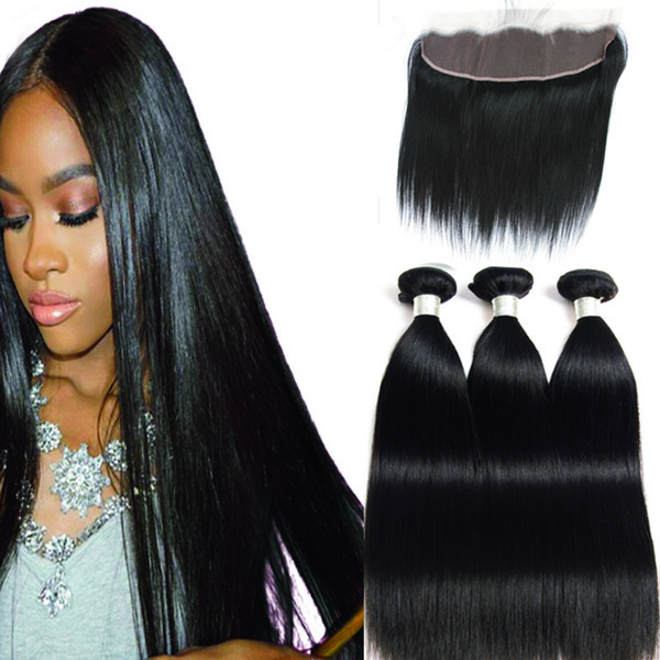 Peruvian Straight Hair Bundles With Frontal Non-Remy Human Hair Bundles With Closure Lace Frontal Closure With Bundles