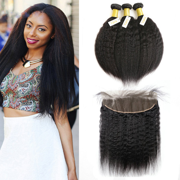 Mongolian 13x4 Lace Frontal With 3 Bundles kinky Straight Pre Plucked Lace Frontal With 3 Bundles Human Hair Extensions