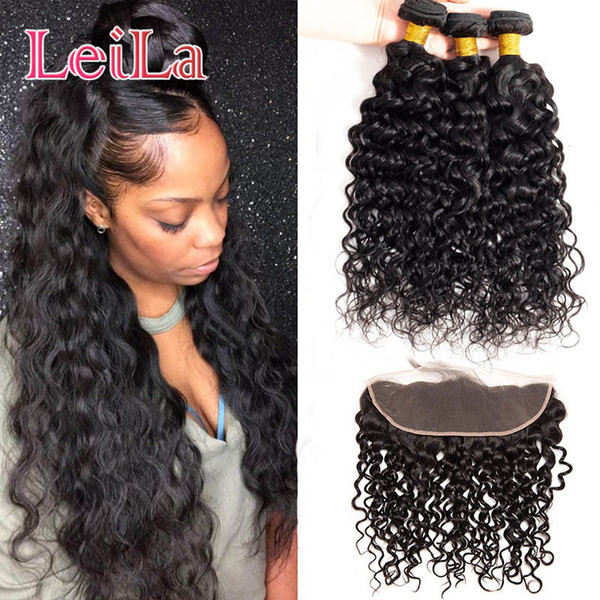 Brazilian Raw Virgin Hair Extensions Bundles With 13X4 Lace Frontal Free Part Water Wave Bundles With Frontal Closure 4 Pieces/lot Water