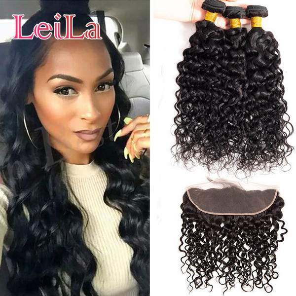 Peruvian Human Hair Wet And Wavy 3 Bundles With 13X4 Lace Frontal Natural Color Virgin Hair Extensions 8-30inch Water Wave