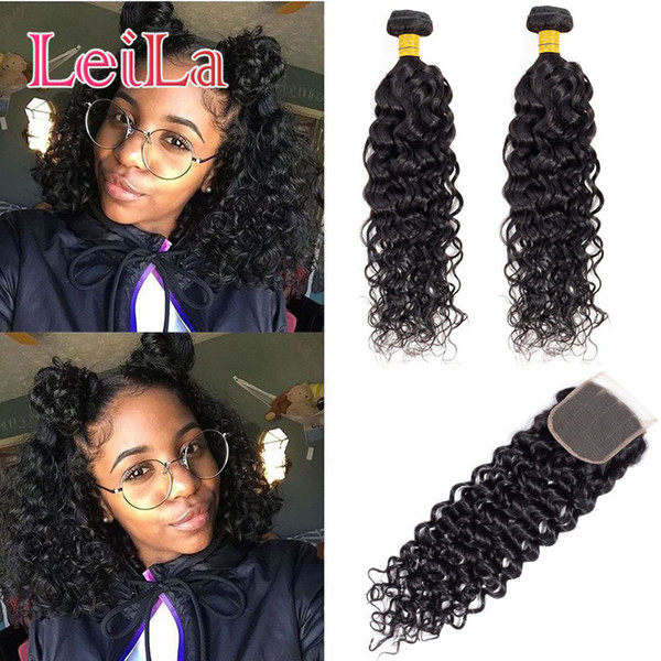 Malaysian Human Hair Water Wave 2 Bundles With 4X4 Lace Closure 25-50g/piece Lace Closure 8-22inch Middle Free Three Part Natural Color