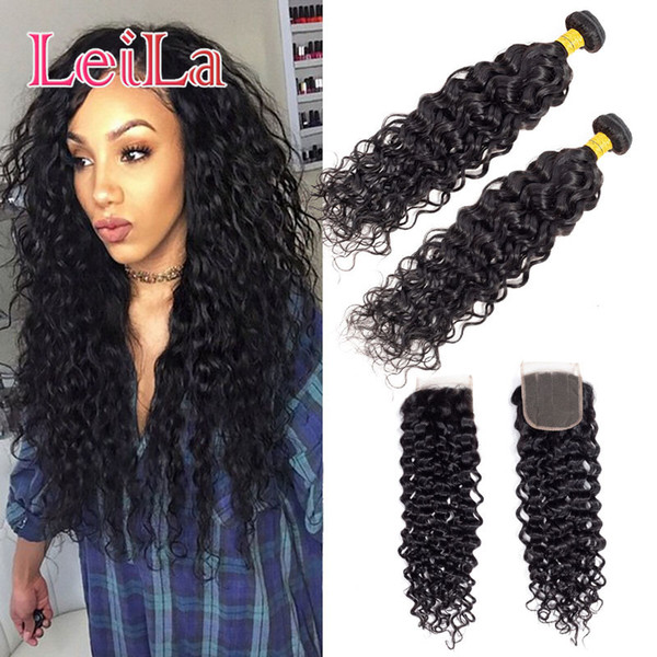 Brazilian Virgin Hair Water Wave 2 Bundles With 4X4 Lace Closure 3 Pieces One Set Wet And Wavy Natural Color Bundles With Closure