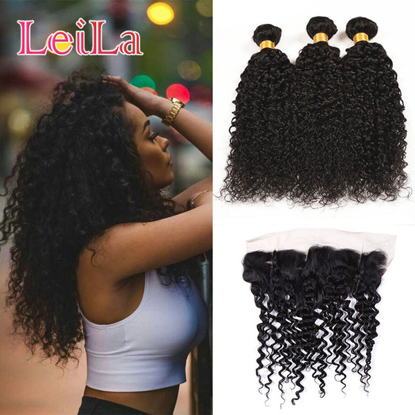 Peruvian Hair Extensions Weft Kinky Curly 3 Bundles With 13 X 4 Lace Frontal Human Hair Weaves Hair Bundles With Frontal 4 Pieces/lot