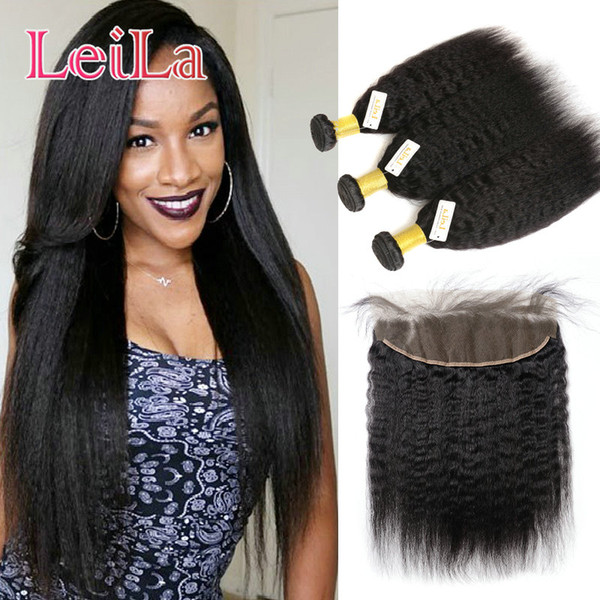 Mongolian kinky Straight Pre Plucked 13x4 Lace Frontal Closure With Bundles Virgin Hair Frontal Lace Closure With 3 Bundles Human Hair