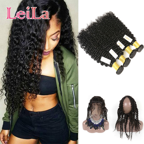 Brazilian hair Bundles With 360 Lace Frontal Pre PLucked Baby Hair 5 Pieces/lot Human Virgin Hair Deep Wave Curly 4 Bundles with 360 Frontal