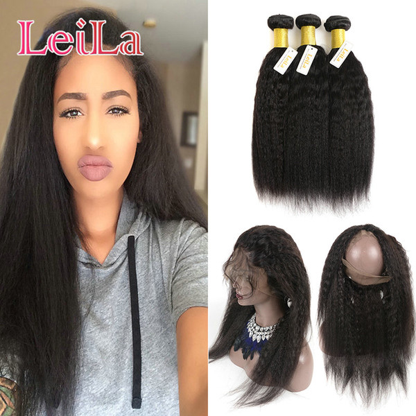 Indian Natural Hairline Virgin Hair Coarse Yaki 360 Lace Frontal With Bundles Kinky Straight Pre Plucked Human Hair