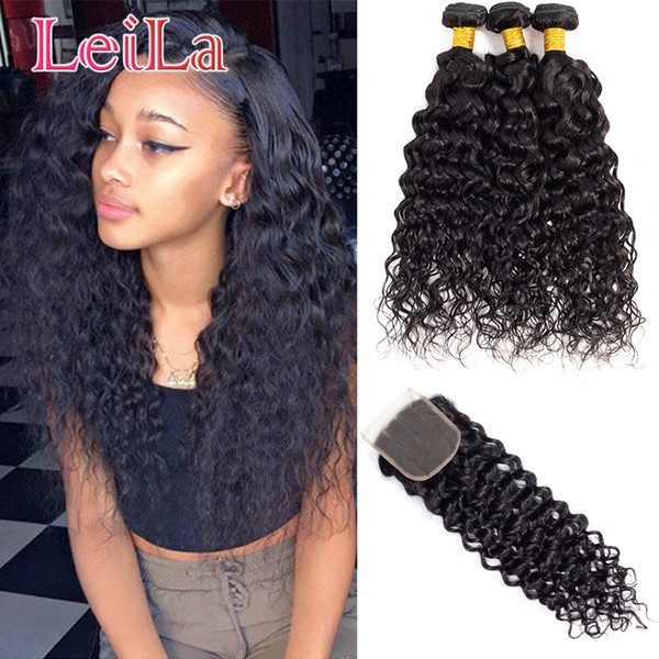 8A Peruvian Human Hair Water Wave Bundles With 4X4 Lace Closure Hair Extensions Wholesale Leila Natural Color Black 8-28inch