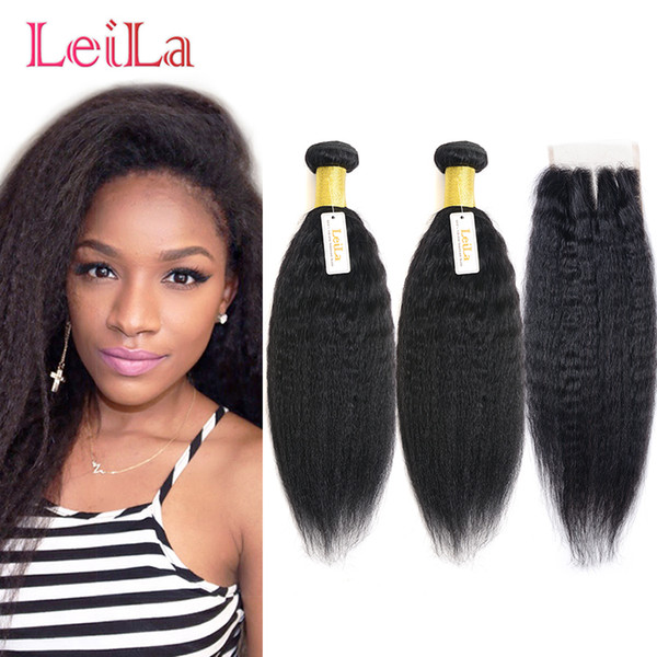 Cheap Kinky Straight Virgin Hair 2 Bundles With Lace Closure Free Middle Three Part 3 Pieces/lot Unprocessed Human Hair Coarse Yaki