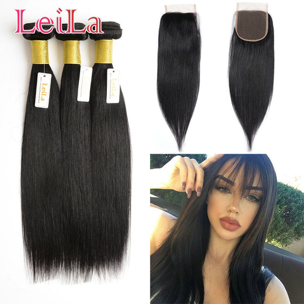 Peruvian Straight Hair 4pieces/lot Bundles With Lace Closure 4X4 Middle Three Free Part Natural Color Straight 8-28inch