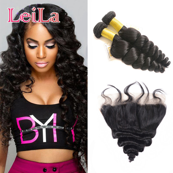 Indian Human Hair Bundles With 13 X 4 Lace Frontal Loose Wave Baby Hair Virgin Hair Extensions Natural Color Beauty