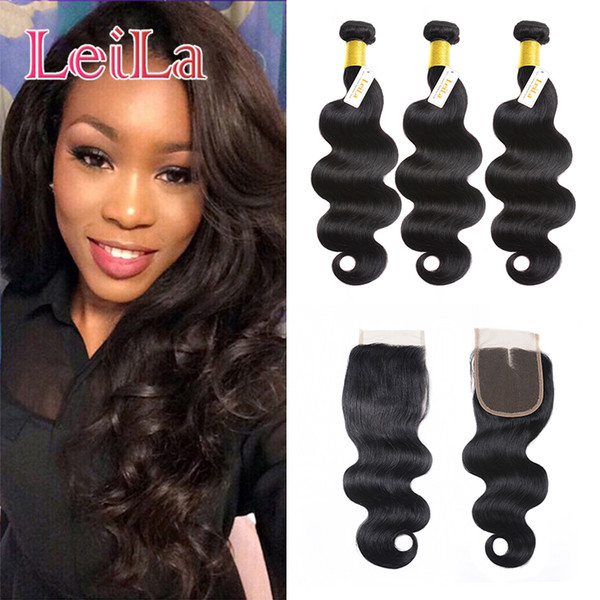 Indian Body wave Hair 4pieces Bundles with Lace closure Unprocessed Human Hair Weaves 3 Bundels With One Free Closure