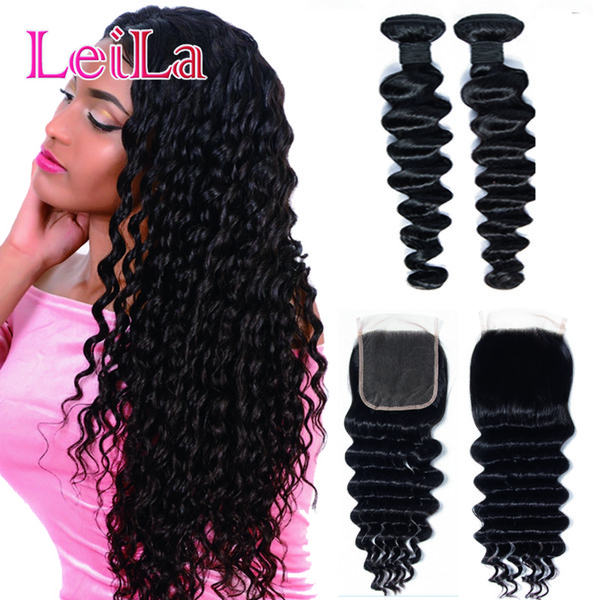 Leila Hair Brazilian Hair Weave Bundles With Closure Remy Human Hair 2 Bundles With Closure 4*4 Loose Deep Wave Bundles With Closure