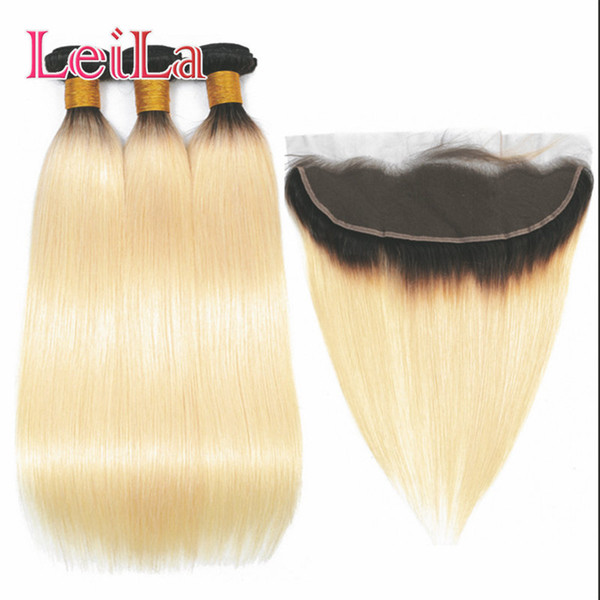 1B/ 613 Ombre Blonde Bundles With Frontal Malaysian Remy Hair Straight Wave 3 Bundles With Frontal Russian Blonde Hair Peruvian Extensions