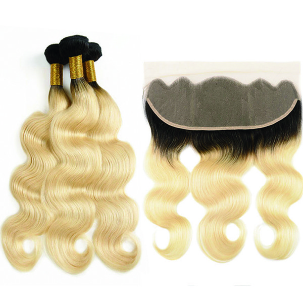 1B 613 Bundles with Frontal Malaysian Body Wave Remy Human Hair Extensions Dark Roots Russian Honey Blonde Bundles With Frontal