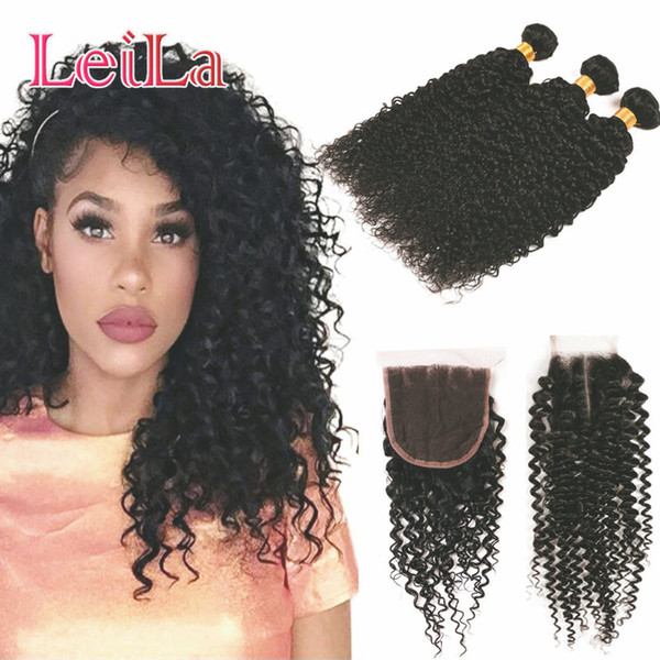 8A PeruvianYaki Curly Huam Hair Bundles With Closure Malaysian Hair Deep wave Loose deep Jerry Curly Water Hair 3 Bundles With Closure 4*4