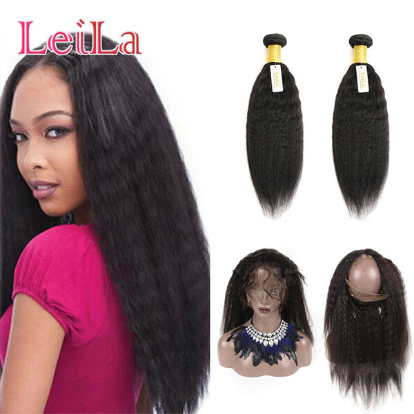 Indian Human Hair Weaves Closure 360 Lace Frontal With 2 Bundles Kinky Straight Virgin Hair Wefts With Closure 3 Pieces/lot From Leila