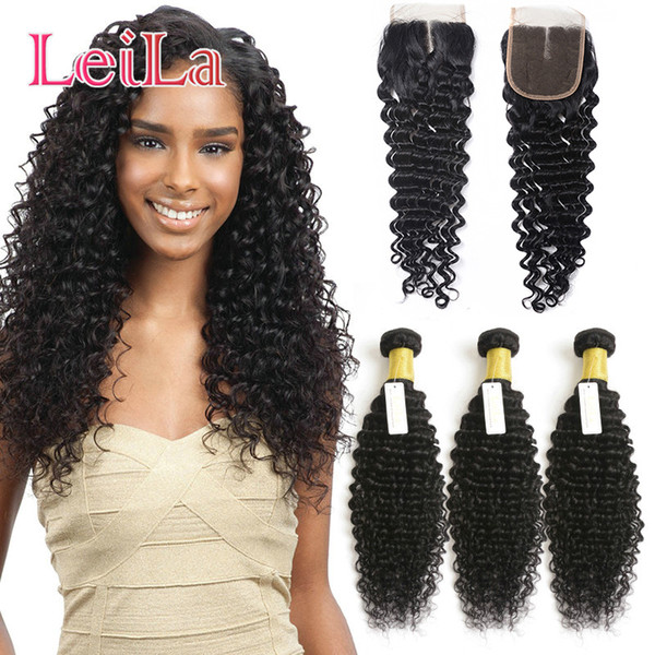 Indian Deep Wave 3 Bundles With 4x4 Lace Closure Unprocessed Human Hair Virgin Hair 6inch-28inch Hair Weft Extensions Dyeable Natural Color