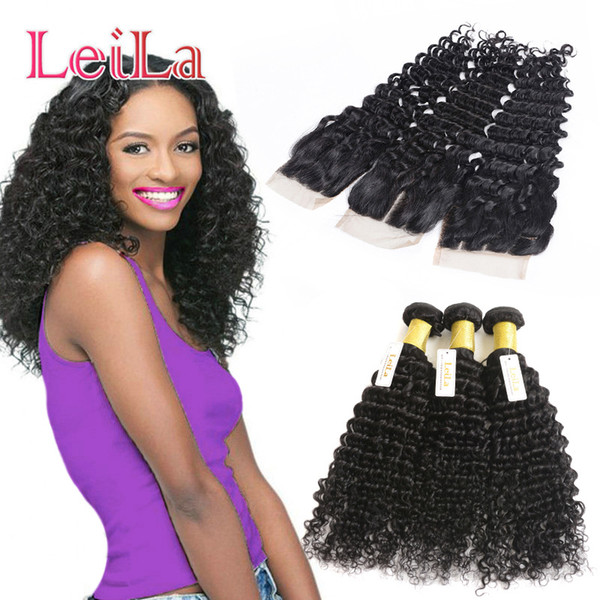 Malaysian 3 Bundles With 4 X 4 Lace Closure Deep Wave Unprocessed Human Hair Weave Hair Extensions Black Natural Color