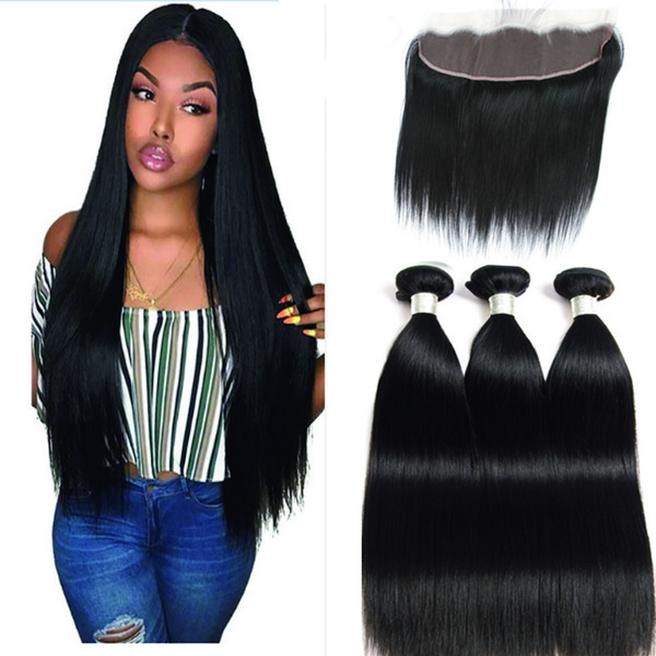 Peruvian Straight Hair Bundles With Lace Frontal 13*4 Human Hair Bundles With Closure 3 Pieces With frontal Non Remy