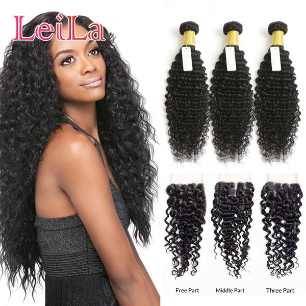 Peruvian Virgin Hair Lace Closure With 3 Bundles Deep Wave Human Hair Weave Unprocessed Hair Extensions Black Color