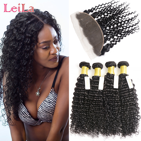 Indian Ear To Ear 13 X 4 Lace Frontal With 4 Bundles Virgin Hair Deep Wave Human Hair Wefts with Closure Deep Wave Natural Color