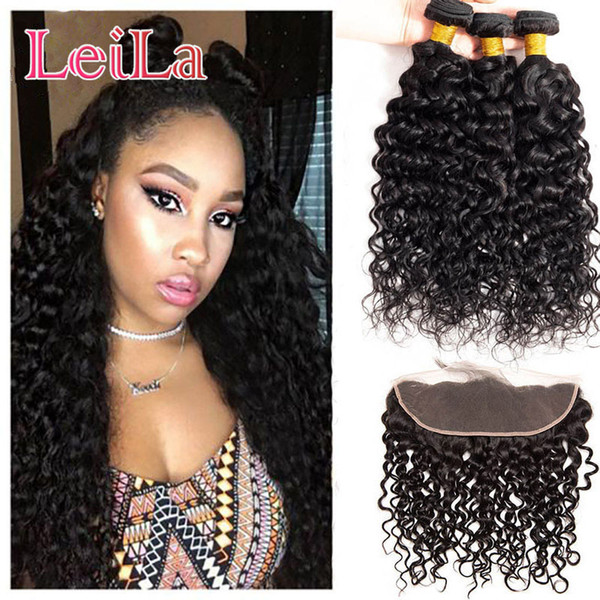 Indian Virgin Human Hair 8A Water Wave Bundles With Lace Frontal Pre Plucked Baby Hair Wet And Wavy 8-30inch Indian Natural Color Weaves