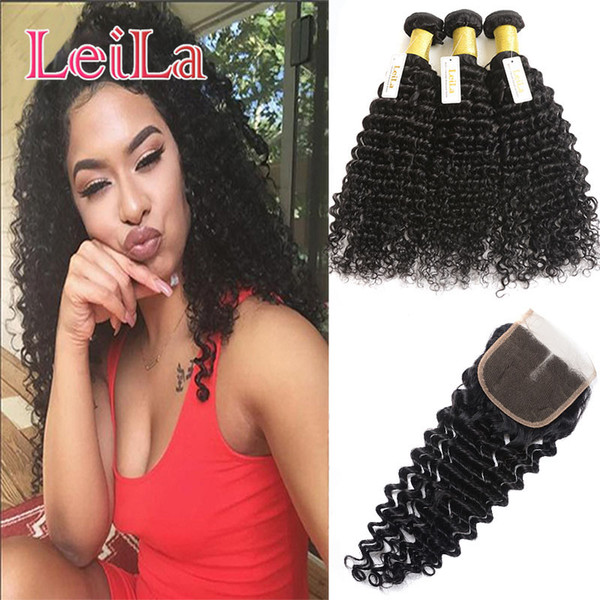 8A Deep Wave Human Hair Bundles With 4x4 Lace Closure Deep Curly Closure With Bundles Remy Hair Extensions