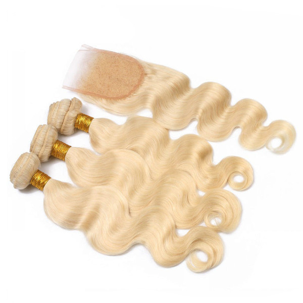 Blonde virgin peruvian hair #613 body Wave 3 Bundles With 1 Lace Closure,Blonde Human Hair Weave with free part lace top closure