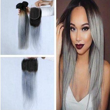 Brazilian straight grey hair weave 3pcs with closure grey ombre hair with closure 1b grey dark root ombre human hair bundles