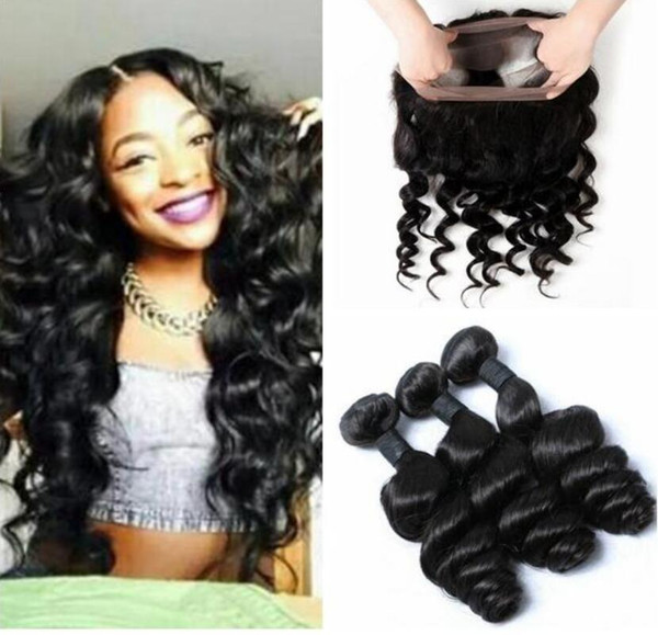 9A Pre Plucked 360 Lace Frontal with Bundles Brazilian Loose Wave Virgin Unprocessed Human Hair Weave With Full Lace Closure