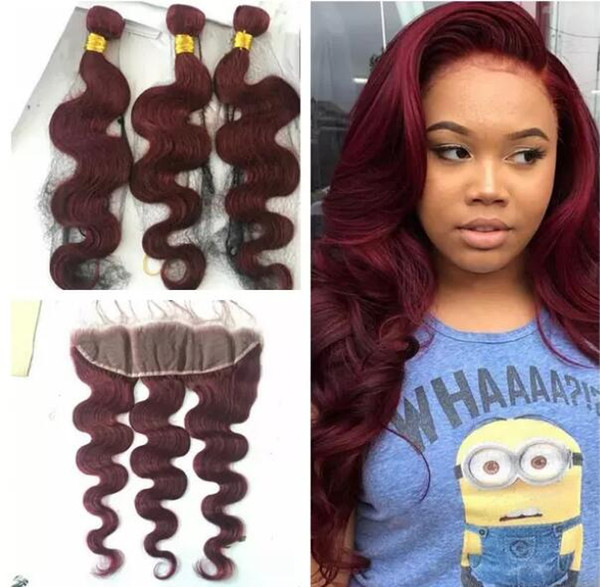9A Brazilian Burgundy Hair With Lace Frontal Closure 13x4'' Body Wave 99J Human Hair Bundles With Ear to Ear Full Frontals
