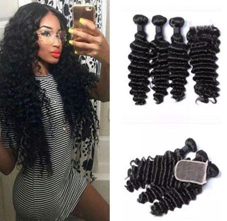 9A Brazilian Peruvian Malaysian Deep Wave Virgin Hair weave 3 Bundles With Lace Top Closure 