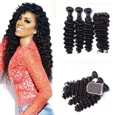 Indian Deep Wave with Closure Hair Bundles Deep Curly Virgin Human Hair Weaves with Closure 9A