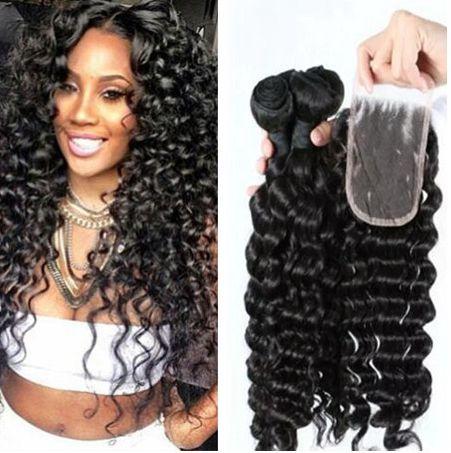 Brazilian Virgin Hair 3Bundles With Lace Closure Deep Curly Human Hair Weave Bundles With Closure Brazilian Peruvian Malaysian Indian Hair