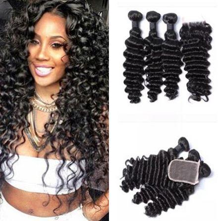 9A Brazilian Deep Wave With Closure 3 Bundles With Closure Deep Wave Brazilian Hair With Closure Brazilian Deep Curly Virgin Hair