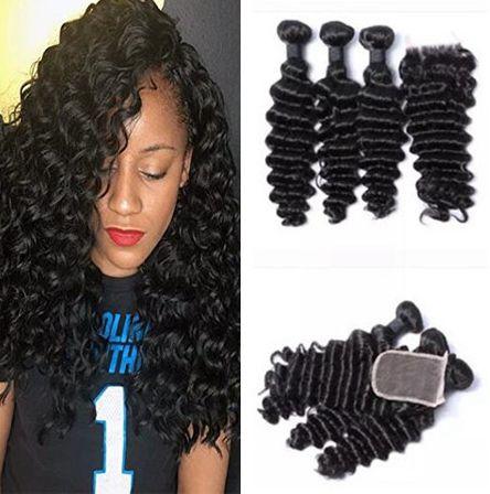 9A Deep Wave With Closure 3 Bundles Brazilian Virgin Hair With Closure Peruvian Malaysian Indian Human Hair Extensions Bundles With Closure