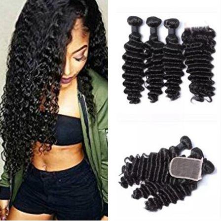 9A Lace Closure with Hair Bundles Brazilian Hair Weave Weft Deep Wave Wavy Human Hair Extensions Full Head 