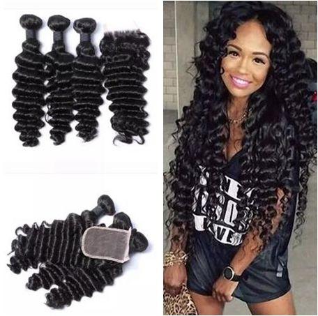 9A Brazilian Deep Wave Curly Hair 3 Bundles with Closure Free Part Double Weft Human Hair Extensions Human Hair Weave